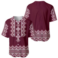 Wine red folk baseball jersey front and back set with white geometric embroidery, short sleeves