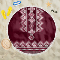 Wine red round beach blanket with white folk pattern and fringed edge, 150cm