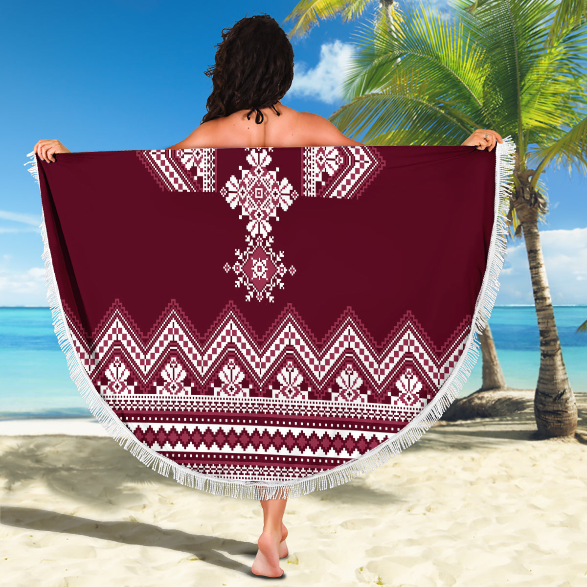 Wine red round beach blanket with white folk motif, zigzag border, and fringe trim, 150cm