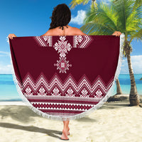 Wine red round beach blanket with white folk motif, zigzag border, and fringe trim, 150cm