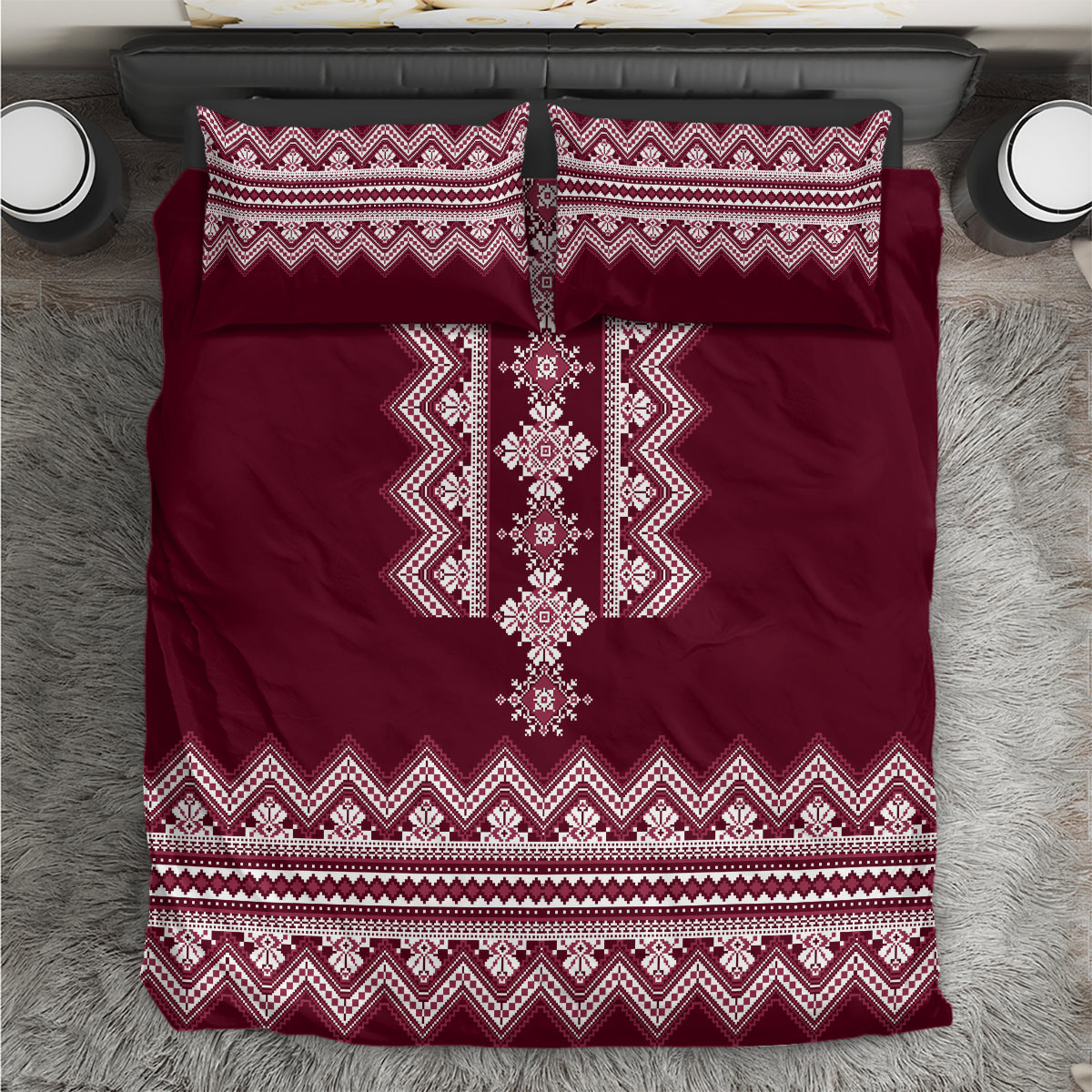 Wine red folk pattern bedding set with white geometric embroidery and two matching pillowcases