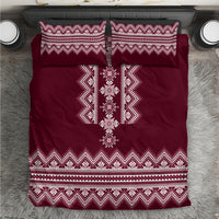 Wine red folk pattern bedding set with white geometric embroidery and two matching pillowcases