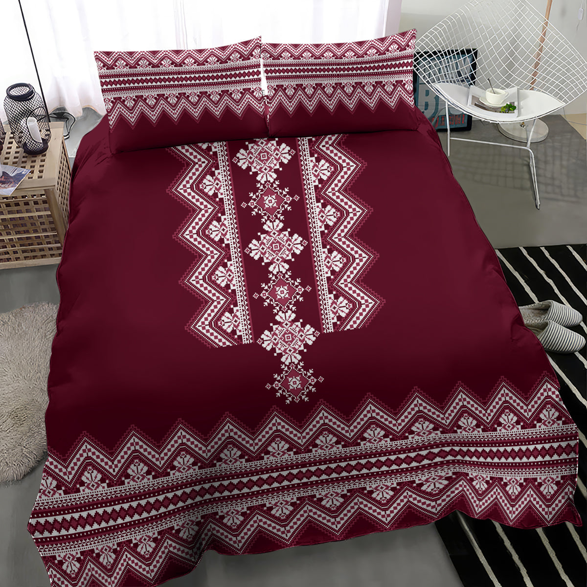 Wine red bedding set with long central white cross-stitch style panel and two pillowcases