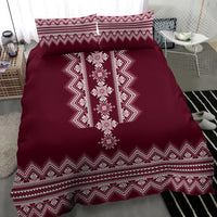 Wine red bedding set with long central white cross-stitch style panel and two pillowcases