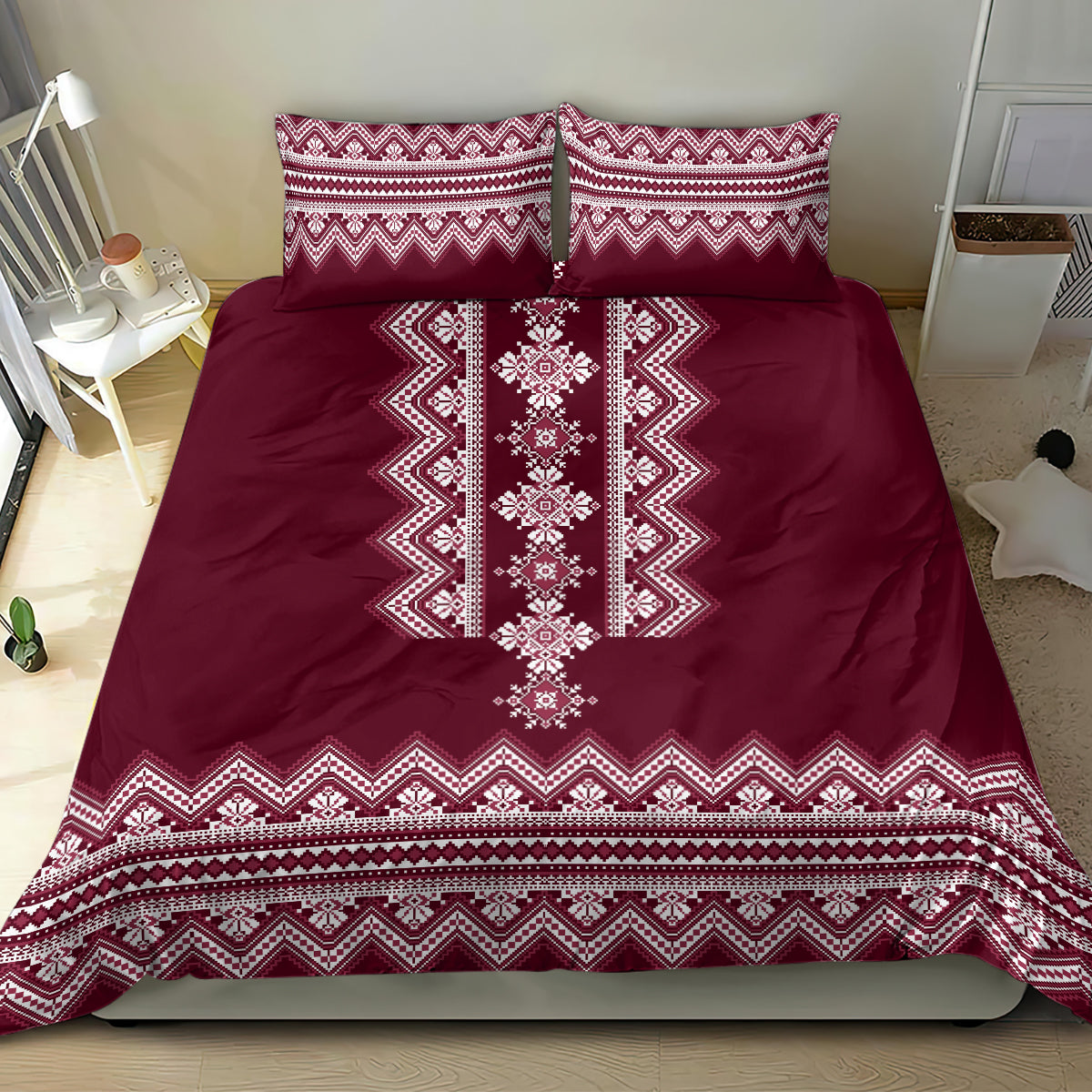 Wine red folk bedding set with vertical white geometric ornament and two matching pillowcases
