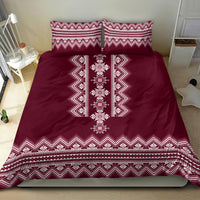 Wine red folk bedding set with vertical white geometric ornament and two matching pillowcases