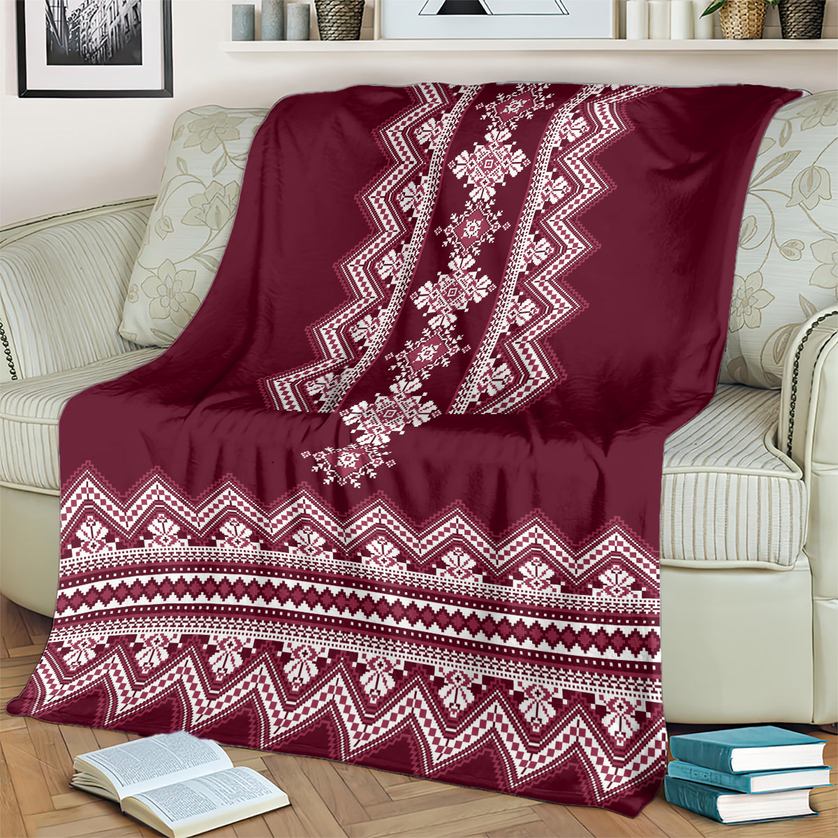 Wine red folk pattern blanket with white vertical diamond motif and zigzag hem