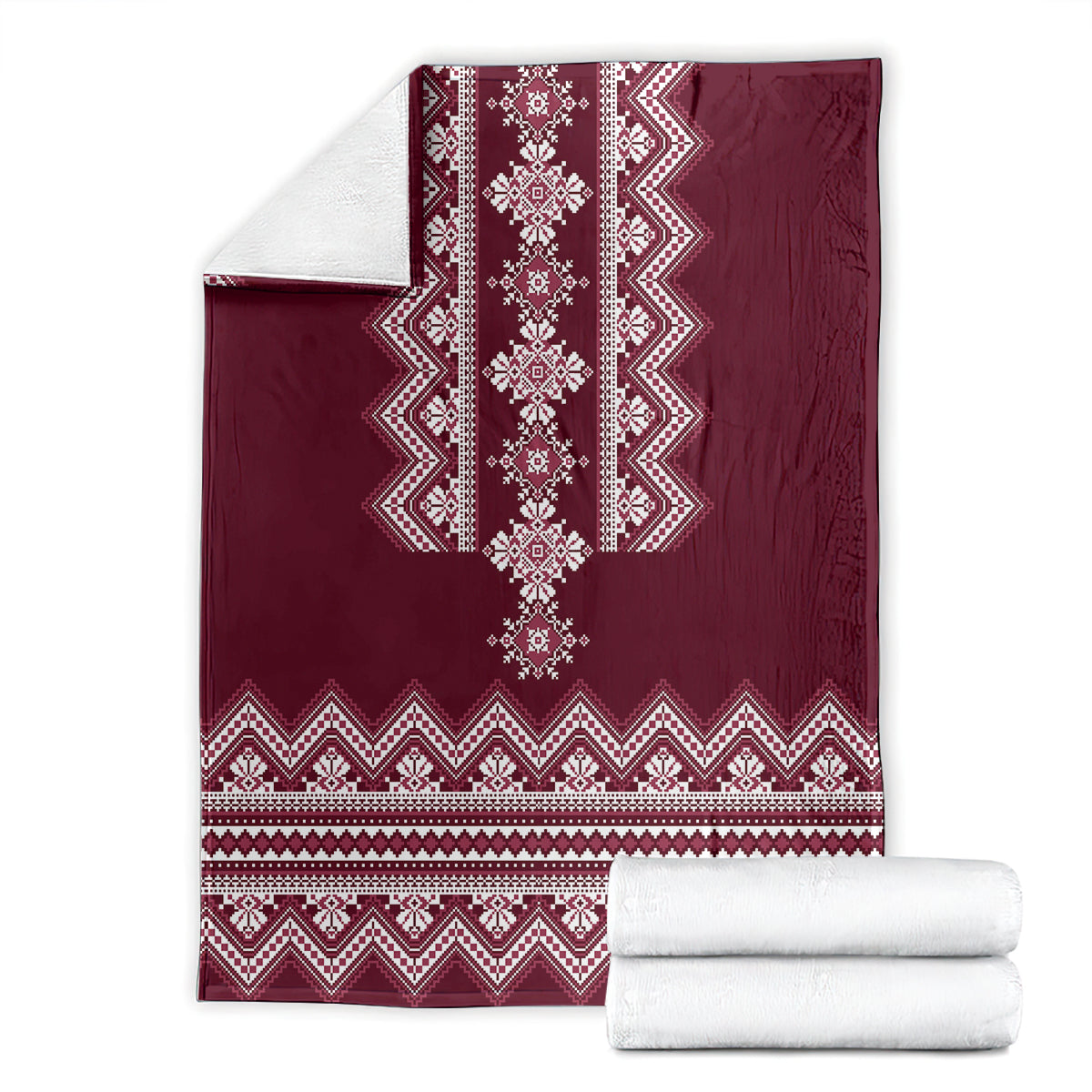 Wine red folk pattern blanket with central vertical diamond motif, folded display