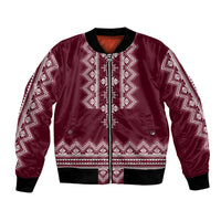 Burgundy bomber jacket with folk embroidered pattern and front zip, ribbed cuffs