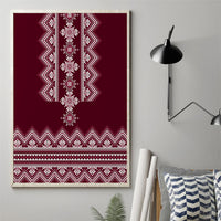 Framed canvas wall art with wine red and white folk pattern, vertical central motif