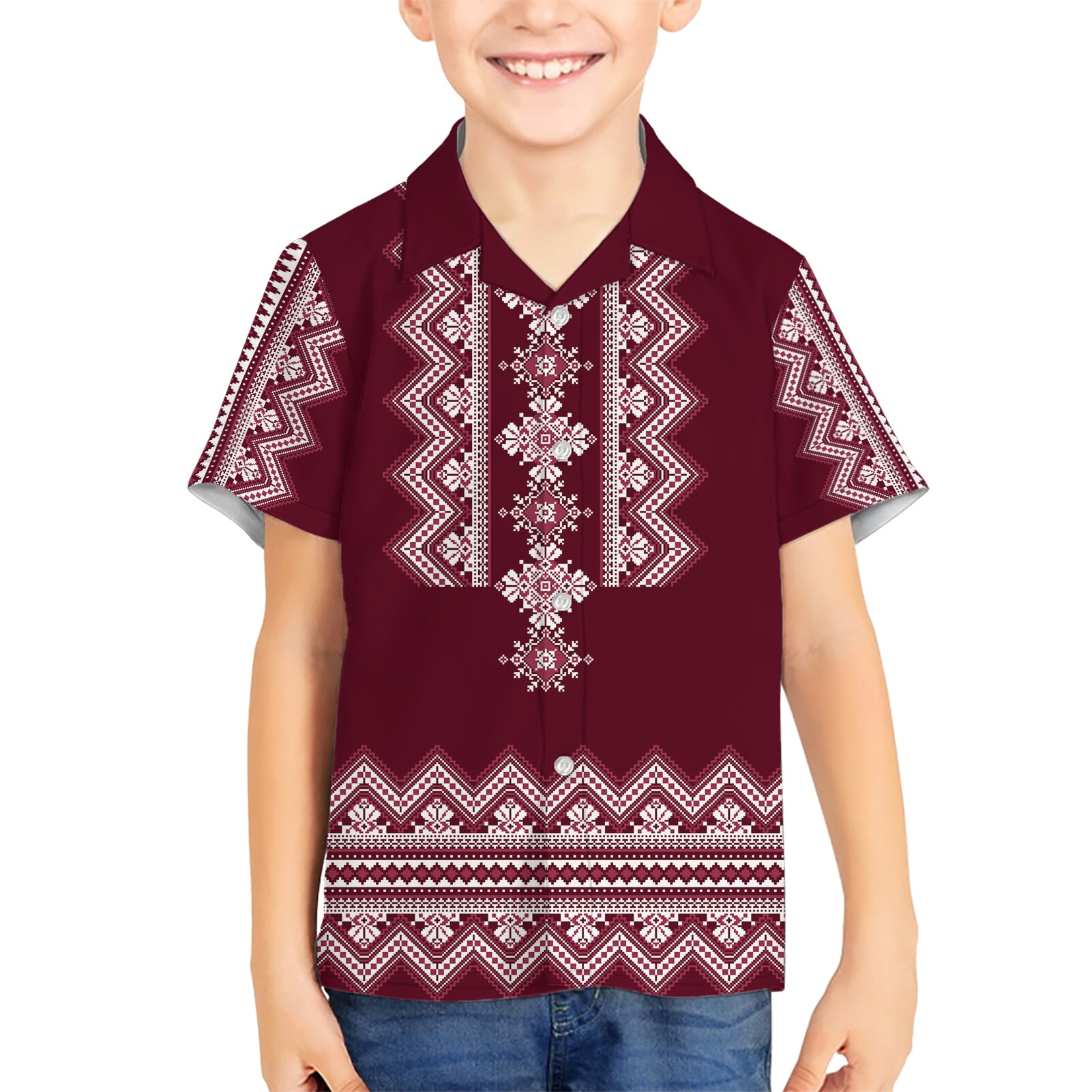 Ukraine Folk Pattern Kid Hawaiian Shirt Ukrainian Wine Red Version - Wonder Print Shop