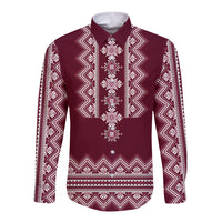Wine-red long-sleeve button shirt with white folk stripe embroidery across front