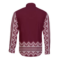 Wine-red long-sleeve button shirt with folk pattern on sleeves and lower back