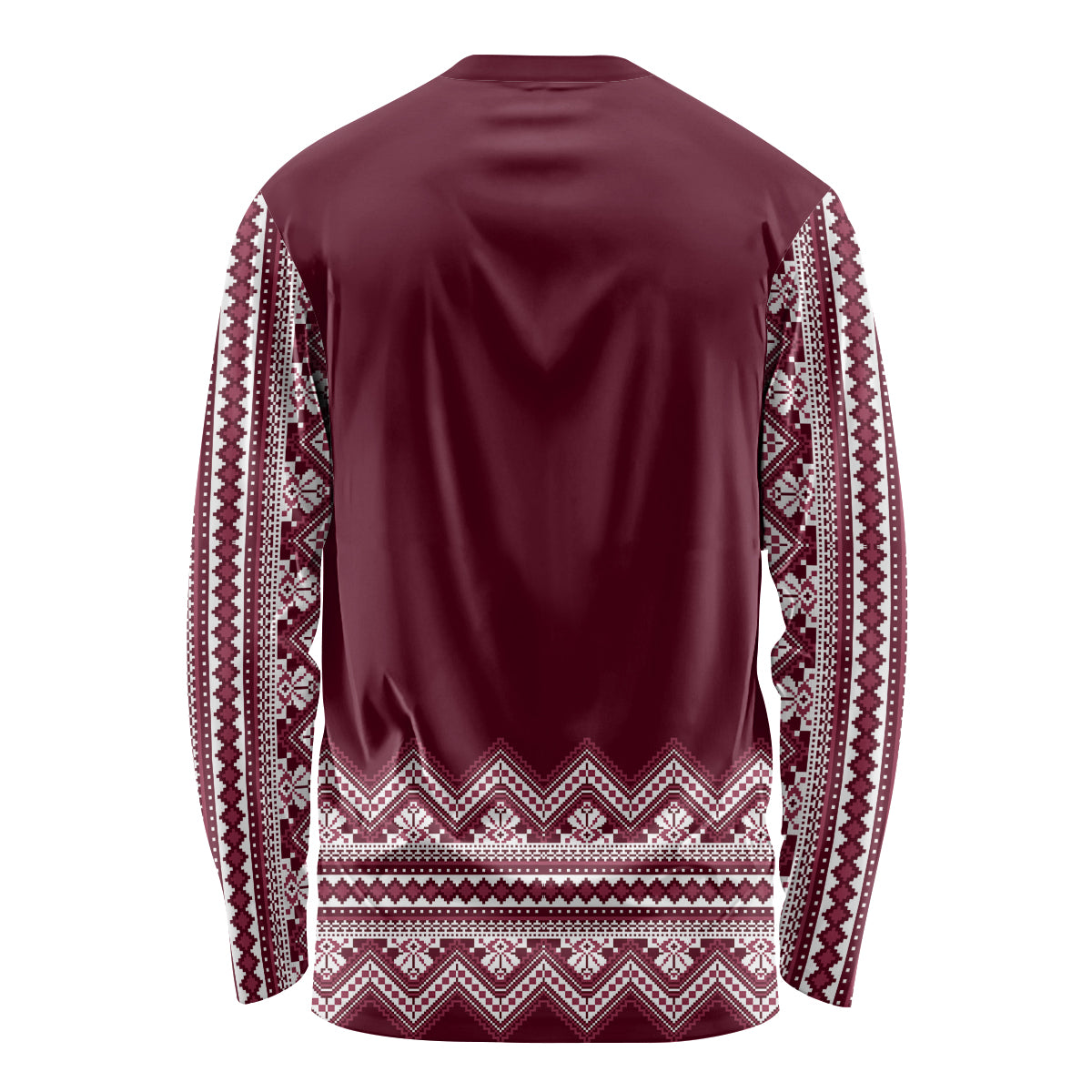 Wine red folk long-sleeve shirt with full back white geometric pattern and crew neckline