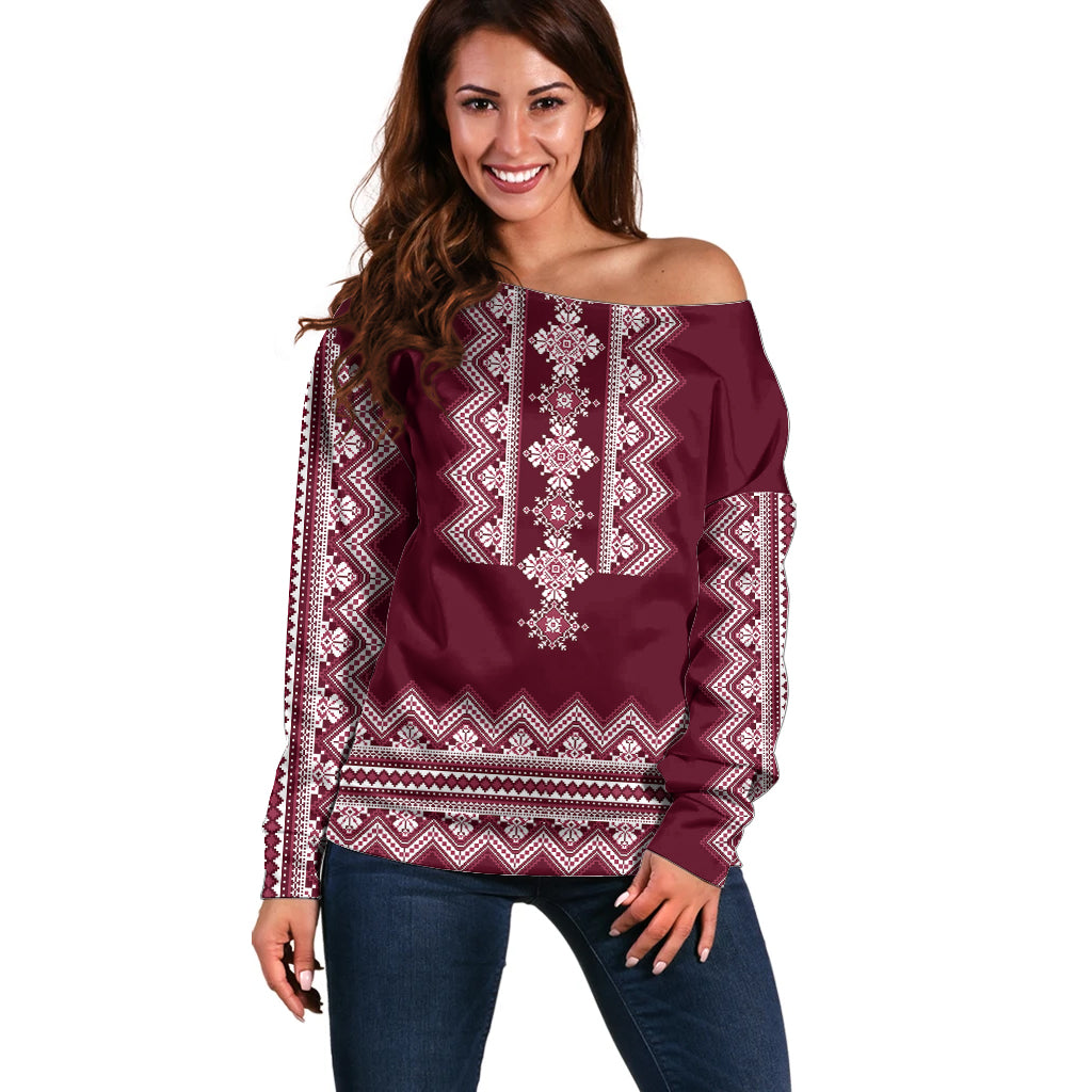 Ukraine Folk Pattern Off Shoulder Sweater Ukrainian Wine Red Version - Wonder Print Shop