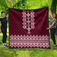 Wine red folk pattern quilt with quilted diamonds and zigzag border stripe