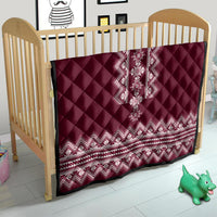 Wine red quilt blanket for crib with quilted diamonds and white folk border stripes