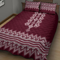 Burgundy quilt with white folk center panel, diamond stitching, and two matching pillow covers