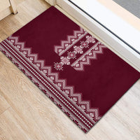 Wine-red folk pattern rubber doormat with white geometric cross-stitch stripes