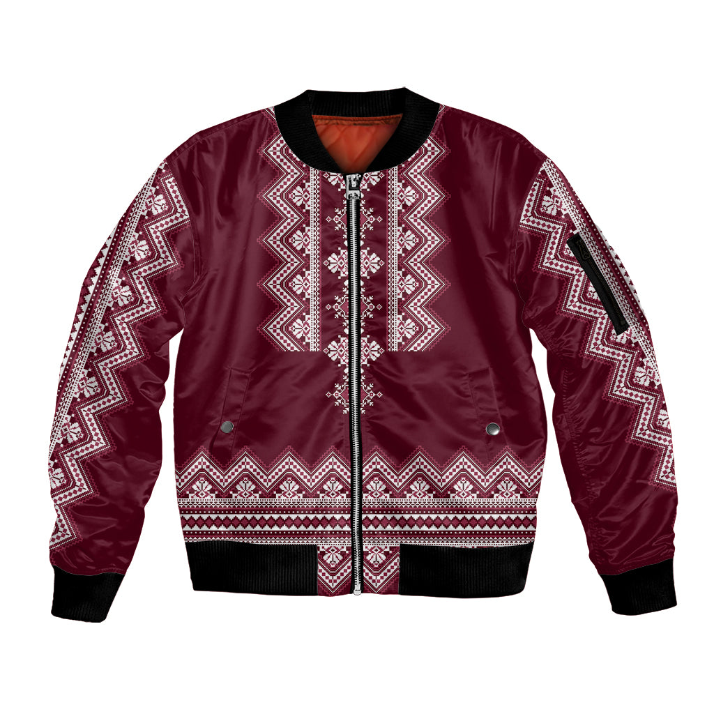 Ukraine Folk Pattern Sleeve Zip Bomber Jacket Ukrainian Wine Red Version - Wonder Print Shop