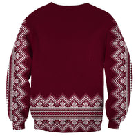 Unisex wine-red sweatshirt with white folk border pattern on sleeves and bottom