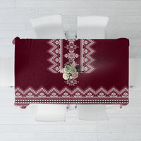 Wine red folk patterned tablecloth with white geometric border and central motif