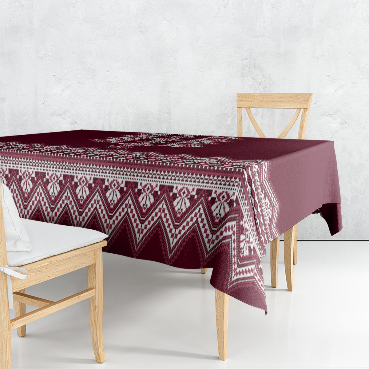 Wine red Ukrainian folk tablecloth with white geometric pattern and zigzag edge