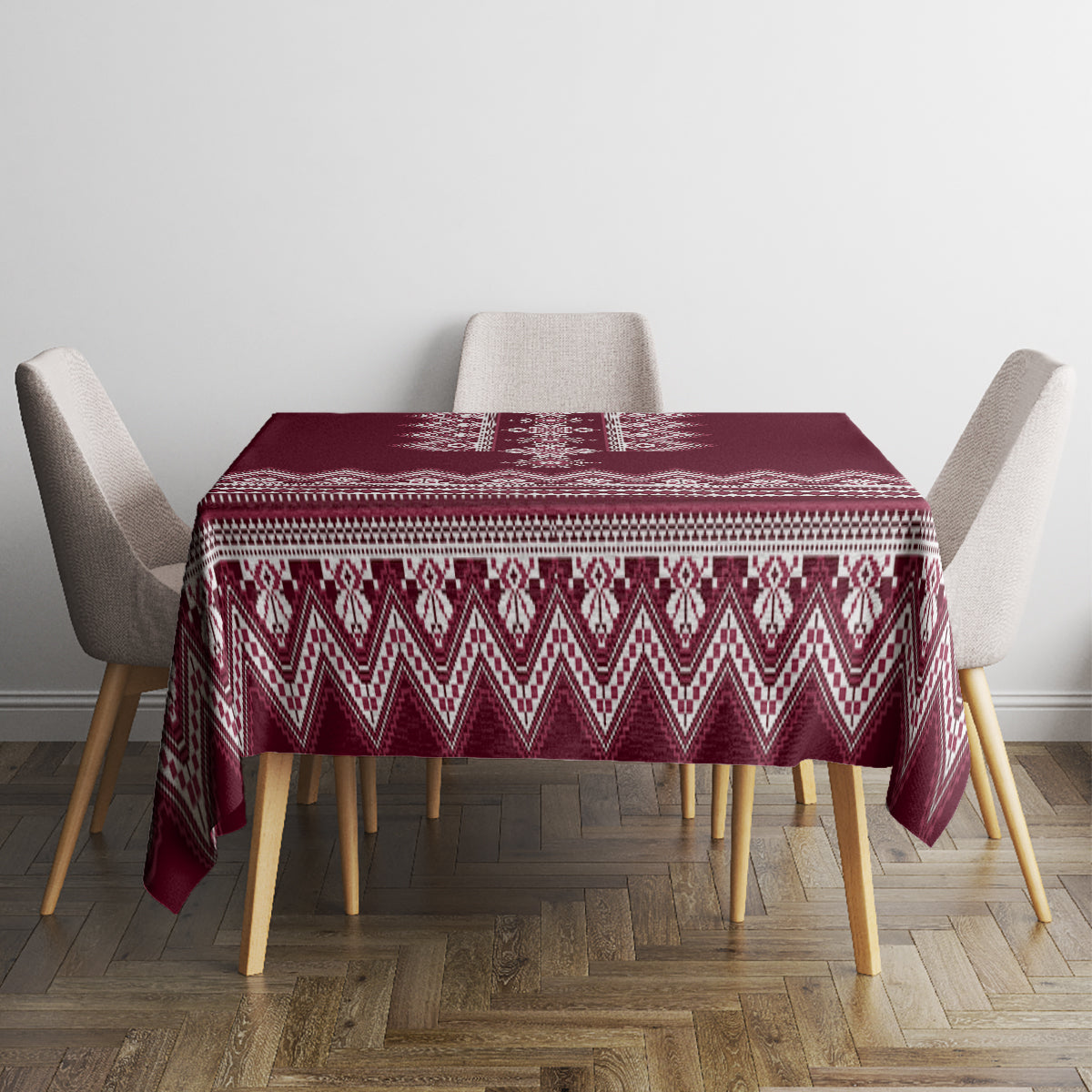 Wine red Ukrainian folk tablecloth with white diamond band and patterned center panel