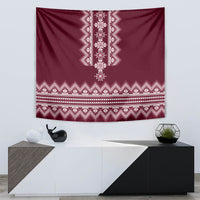 Wine red Ukrainian folk tapestry with white patterned center panel and zigzag strip accents