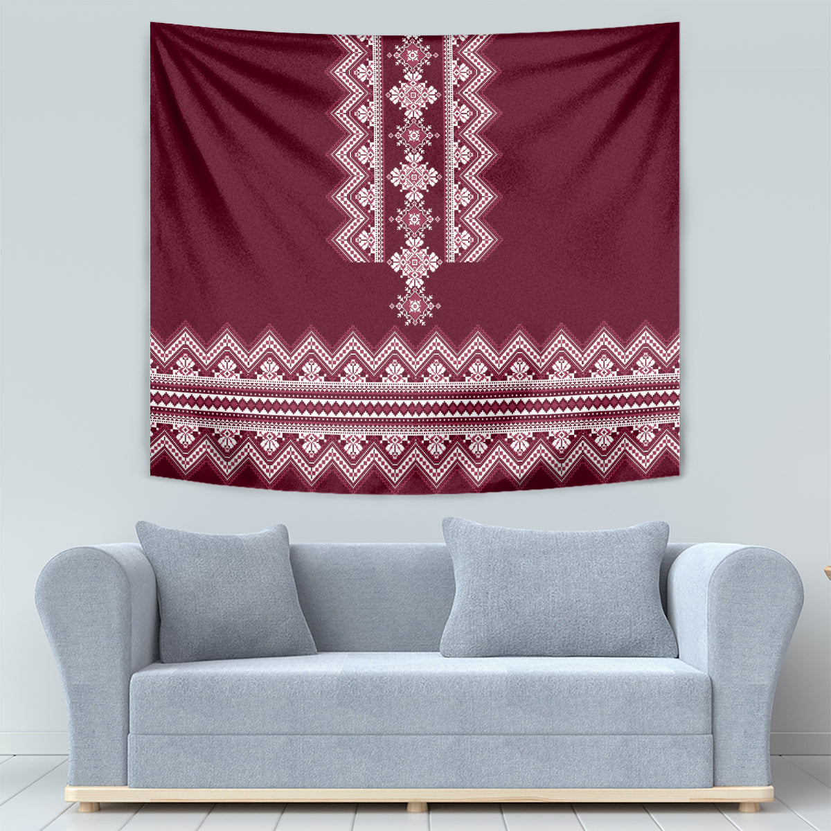 Wine red wall tapestry with white vertical embroidery motif and patterned horizontal bands
