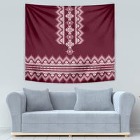 Wine red wall tapestry with white vertical embroidery motif and patterned horizontal bands