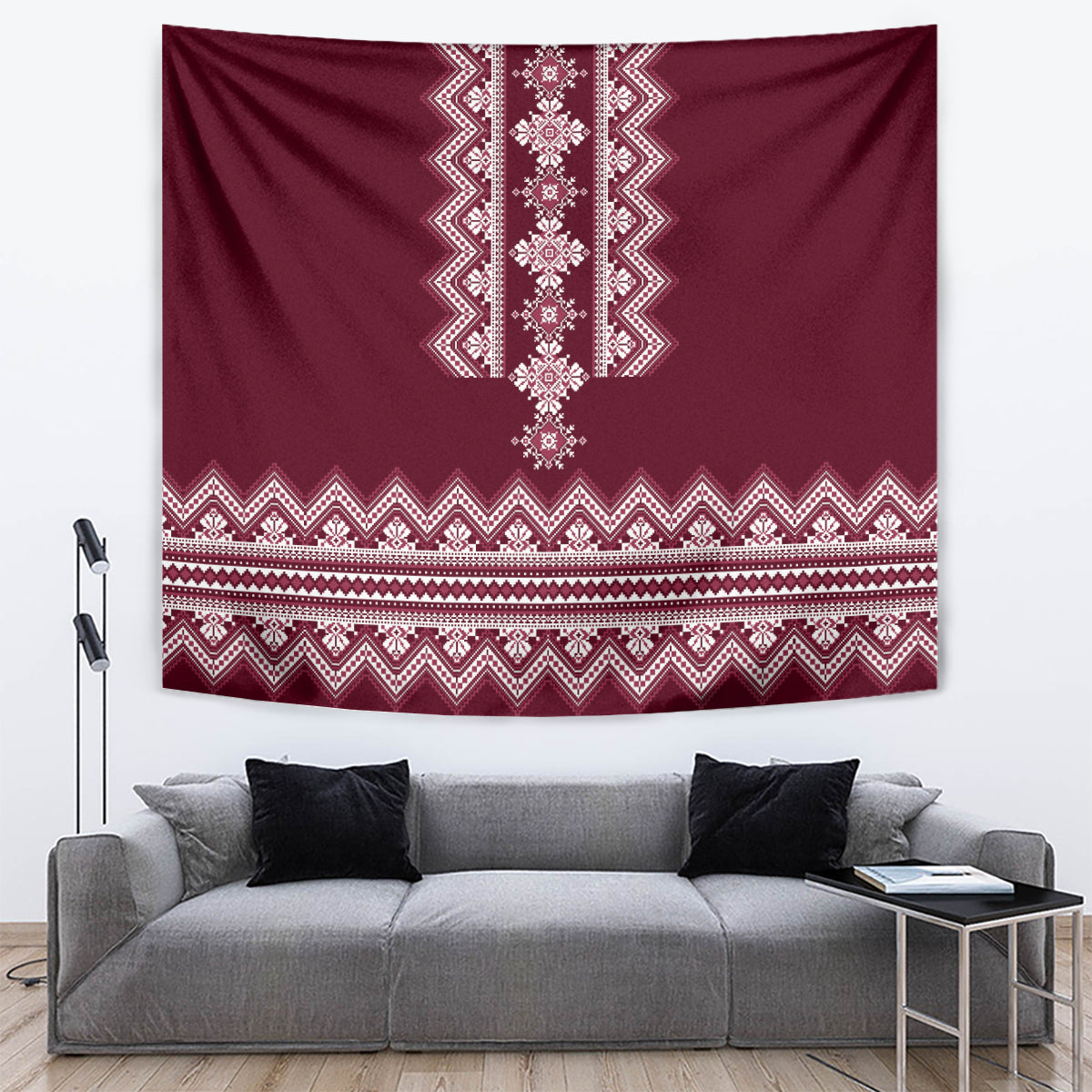 Wine red folk patterned tapestry with white and burgundy zigzag borders and central decorative panel