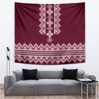 Wine red folk patterned tapestry with white and burgundy zigzag borders and central decorative panel