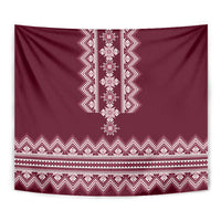 Wine red hanging tapestry featuring white geometric embroidery and repeating zigzag bands