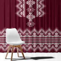 Wine red folk patterned window curtain panel with white zigzag and diamond bands