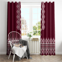 Wine red folk patterned window curtains with grommet-style top rings, white zigzag hem