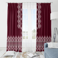 Wine red folk patterned window curtains with grommets, white geometric borders at bottom