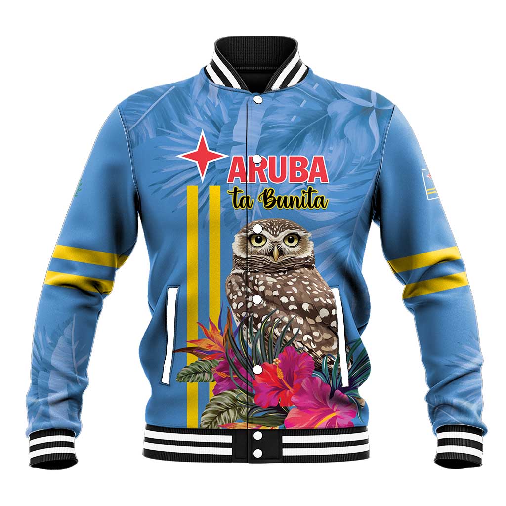 Unisex blue baseball jacket with owl front print, red star, yellow stripes, snap buttons