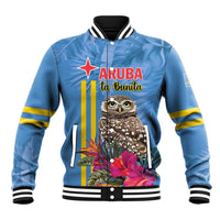 Unisex blue baseball jacket with owl front print, red star, yellow stripes, snap buttons