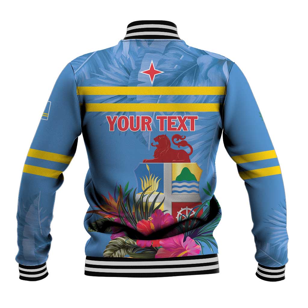 Unisex blue baseball jacket with yellow stripes and tropical back graphic, ribbed cuffs