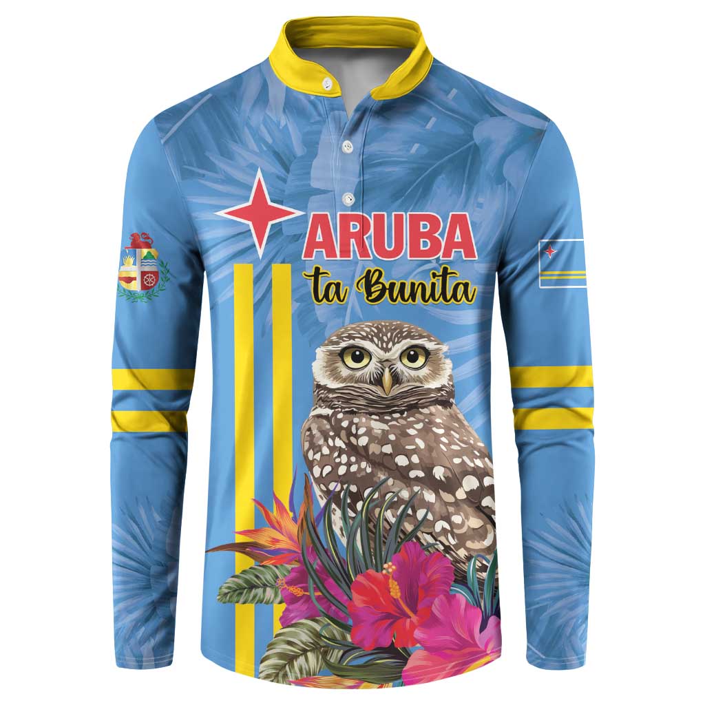 Men's blue button sweatshirt with yellow collar; front owl and tropical flower graphic.