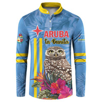 Men's blue button sweatshirt with yellow collar; front owl and tropical flower graphic.