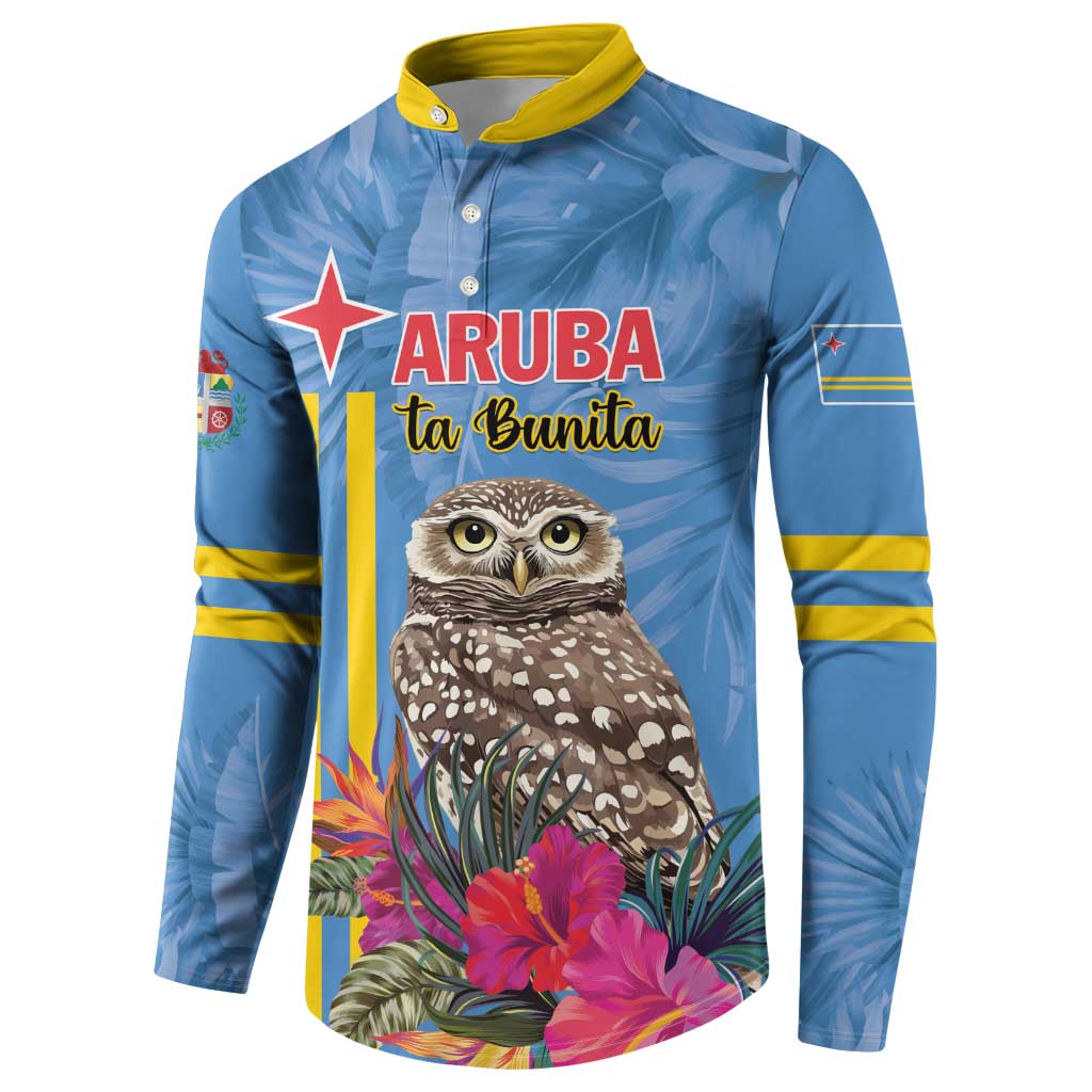 Men's blue button sweatshirt, front owl print with bold stripes and tropical blooms.