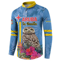 Men's blue button sweatshirt, front owl print with bold stripes and tropical blooms.