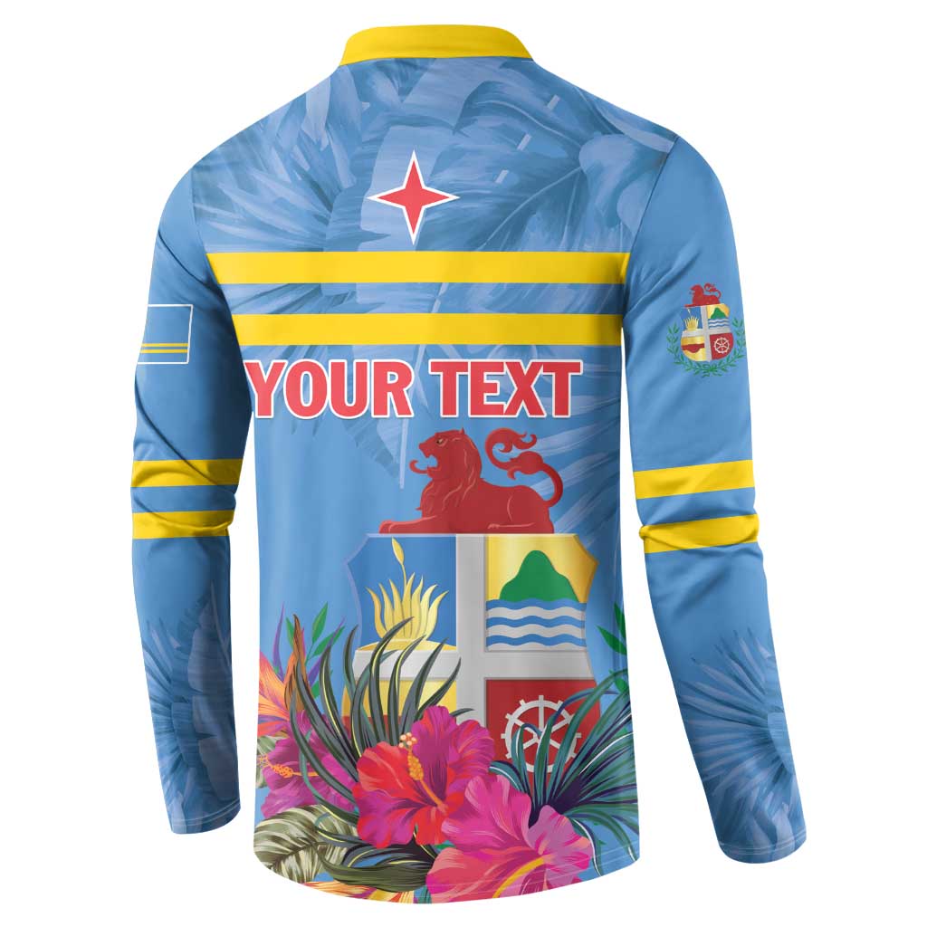 Men's blue button sweatshirt back with star, stripes, and YOUR TEXT tropical scene.