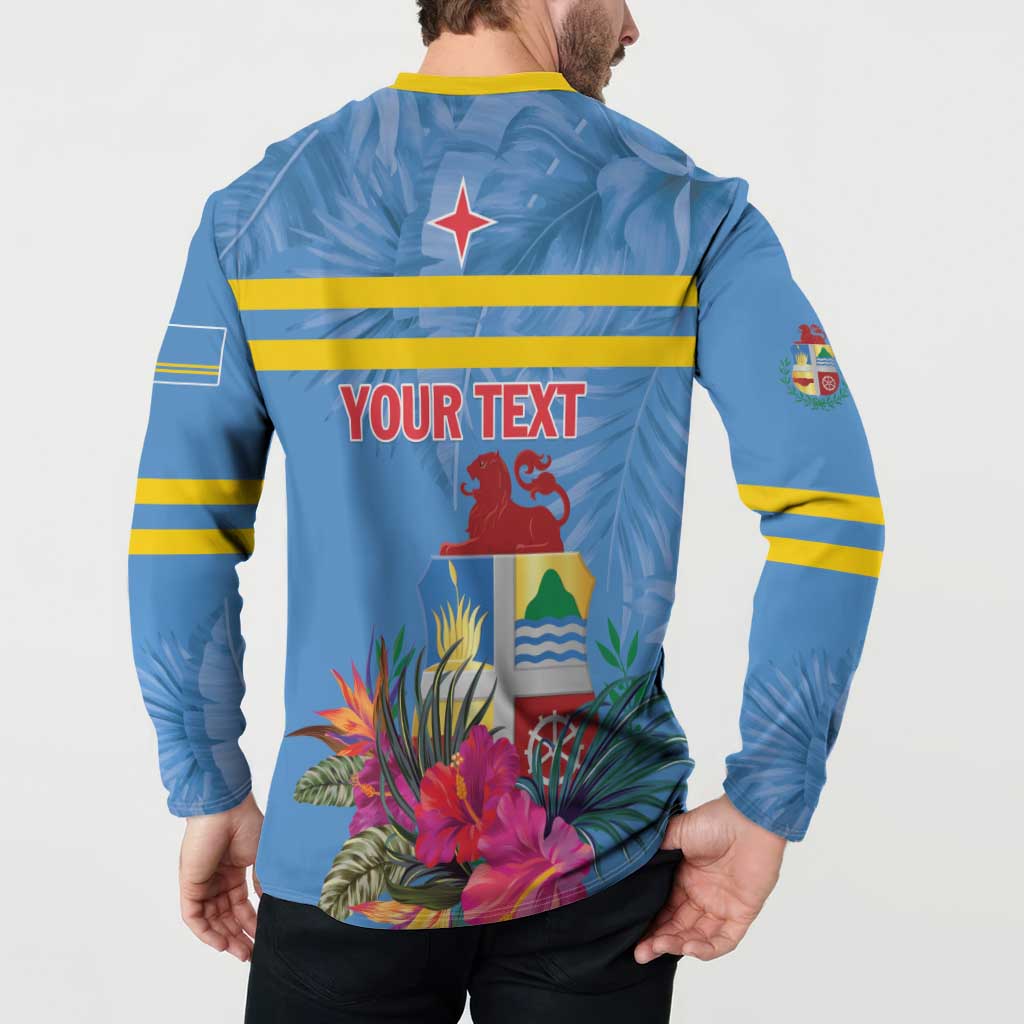 Men's blue button sweatshirt back on model: YOUR TEXT with tropical rooster illustration.
