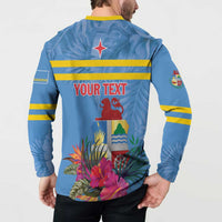 Men's blue button sweatshirt back on model: YOUR TEXT with tropical rooster illustration.