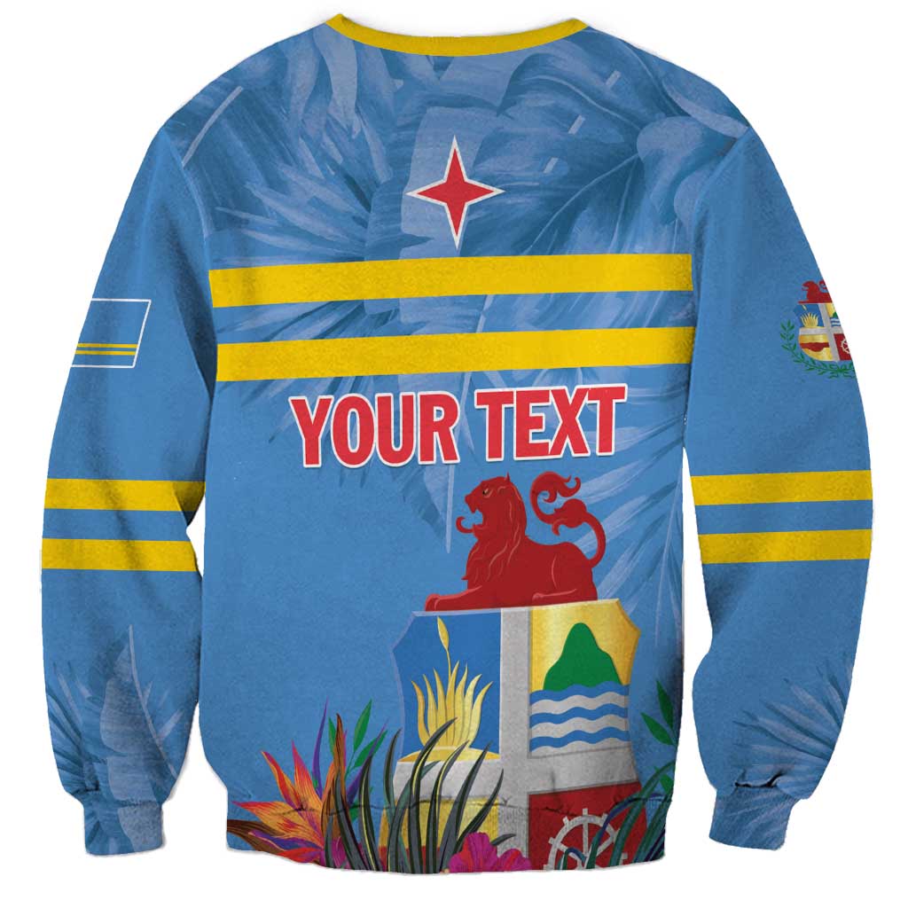 Blue unisex sweatshirt with bold 'YOUR TEXT' front graphic and tropical patch design.