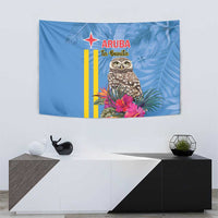 Blue tropical owl tapestry wall hanging with palm leaves and pink flower