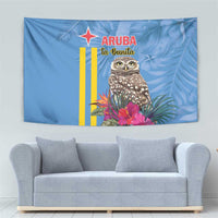 Blue tropical owl tapestry wall hanging with palm leaves and pink floral accent